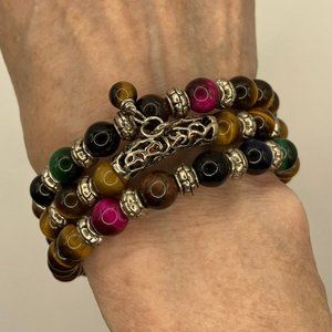 Tiger Eye Multi Colored Gemstones Wrap Bracelet to fit all wrists Brand New